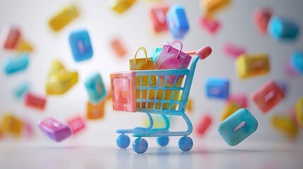 Colorful Shopping Cart with Bags and Floating Gift Boxes in Pastel Colors