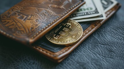 Popular cryptocurrency in leather wallet on wooden table top