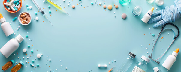 Obraz premium Disease research theme, flat design, top view, cartoon drawing, vivid palette, soft white-blue pastel background, objects on right, copy space