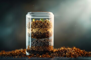 Seedlings growing in a glass jar, layered with soil and roots, on a dark background, with a soft light.