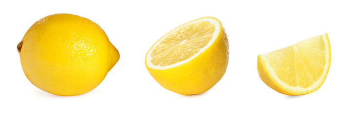 Fresh lemons isolated on white, set. Whole one, half and wedge