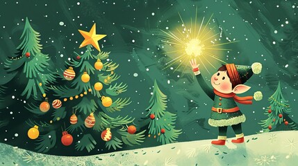 Fototapeta premium Christmas elf with sparkle near a decorated tree