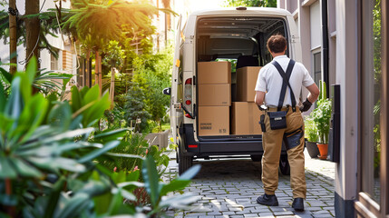 Delivery personnel wearing uniforms stacking sustainable package boxes onto an electric delivery vehicle, showcasing green transportation initiatives.