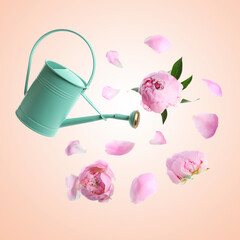 Watering can and pink peonies in air on beige background