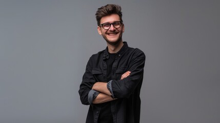 Portrait of young handsome smiling business guy wearing gray shirt and glasses, feeling confident with crossed arms, isolated on white background