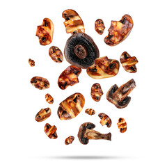 Slices of grilled mushrooms in air on white background