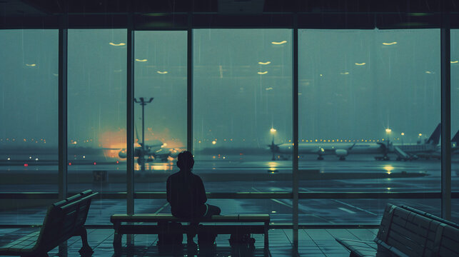A sad and hopeless man is sitting on a bench, waiting for someone in an airport at night.