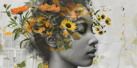 Surreal Portrait of Woman with Flower Blossoms and Artistic Collage Elements