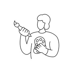 Artist with brush in one hand and paints in other. Line illustration, editable stroke