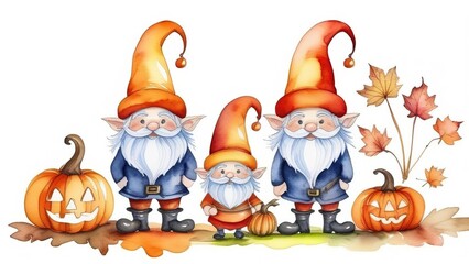 Fototapeta premium Watercolor gnomes, pumpkins, autumn leaves on a white isolated background, Happy Halloween holiday, different Halloween elements on a white background.