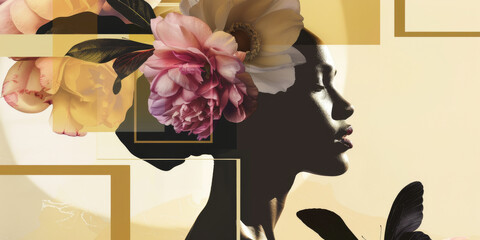 Elegant Minimalist Floral Art featuring Silhouetted Woman with Colorful Blossoms and Butterfly