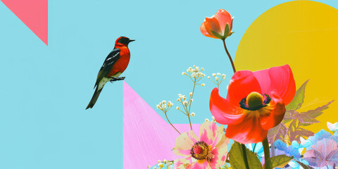 Obraz premium Vibrant Abstract Art with Red Bird, Flowers, and Geometric Shapes