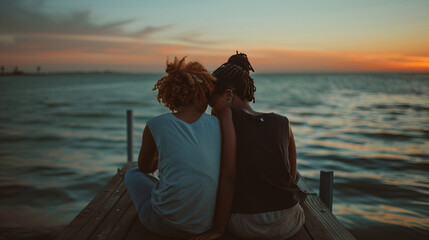 Fototapeta premium LGBTQ_couple_sitting_on_a_pier_one_partner_resting