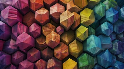 Abstract geometric rainbow colors colorful 3D wooden sphere cube texture wall background banner illustration panoramic long textured wooden wallpaper (generated AI)Colorful 3D Wooden Cube Texture Wall