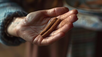 Cinnamon sticks held in a hand for baking or christmas holiday designs