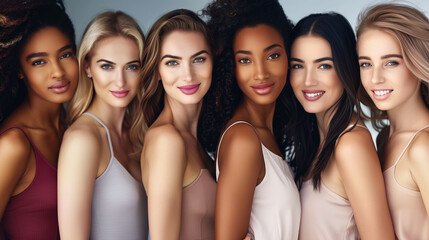 Obraz premium A diverse group of beautiful women with natural beauty and glowing smooth skin. Portrait of many attractive female fashion models with great skincare of all races, tones and style.