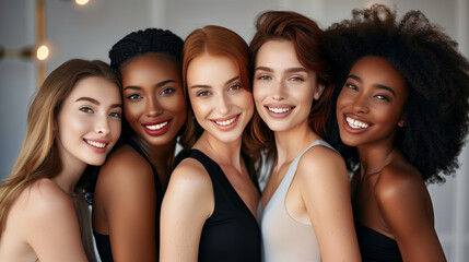 Fototapeta premium A diverse group of beautiful women with natural beauty and glowing smooth skin. Portrait of many attractive female fashion models with great skincare of all races, tones and style.