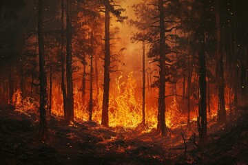 Dramatic view of a wildfire engulfing a forest at twilight, depicting nature's fury