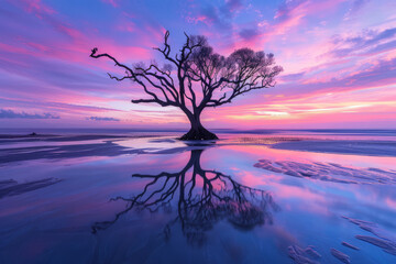 Dry dead tree on the shore, reflections of its branches on the water at low tide, twilight sky