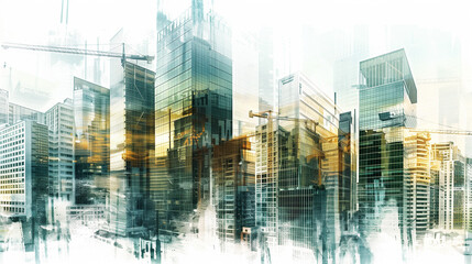 digital building construction engineering with double exposure graphic design. Building engineers, architect people, or construction workers working.