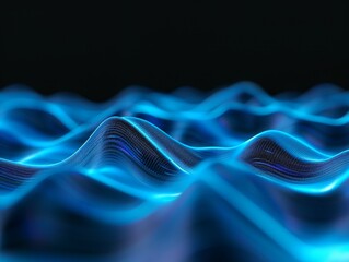 Abstract blue wave pattern, 3D digital rendering, glowing energy lines, dark background.
