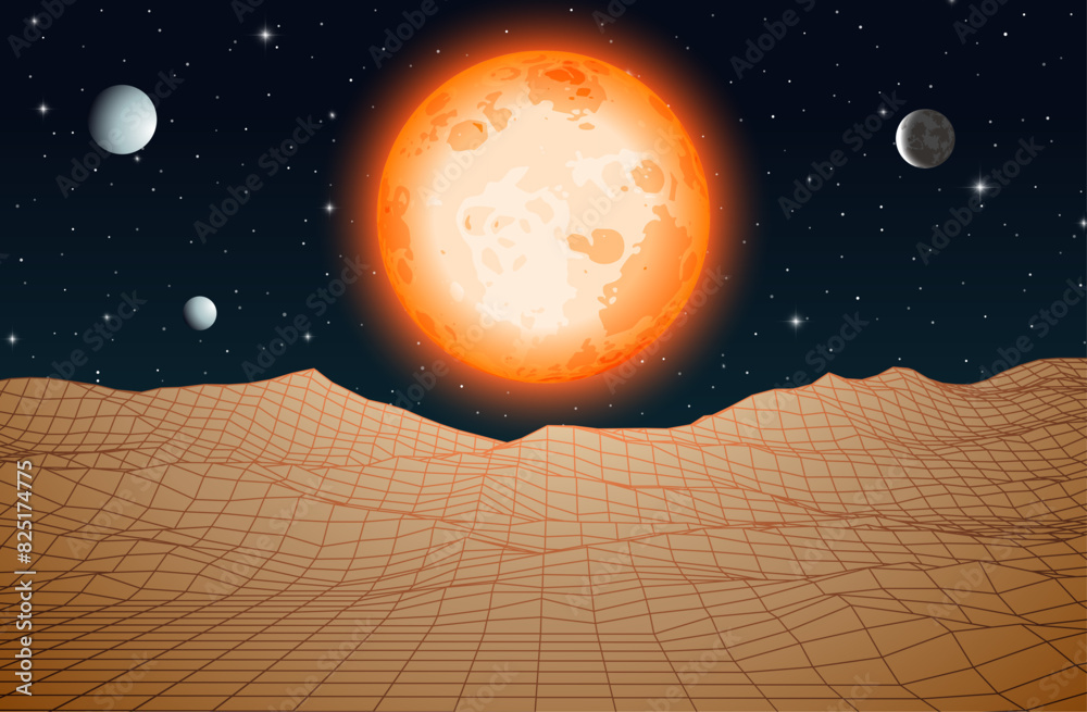 Poster retro futuristic landscape with mountains and sun in deep space. 80s styled synthwve landscape with 