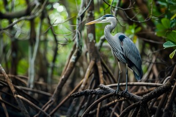 Obraz premium Majestic Heron Perched Amidst Lush Mangrove Foliage in Tranquil Wetland Habitat