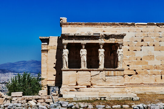 The Caryatids have been supporting the southern portico of the Erechtheion in the Acropolis, Athens, Greece, Europe