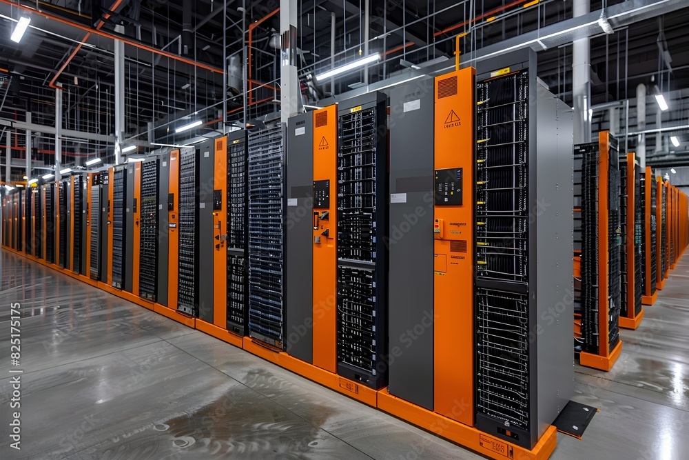Poster rows of powerful computer servers in a futuristic data center
