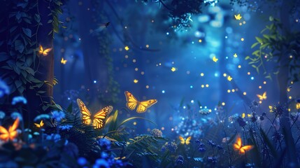 Attractive Glowing insects in the night forest