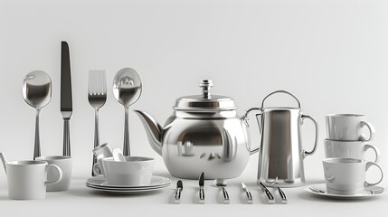 3D Rendered Kitchen Utensils with Stainless Steel and Ceramic Surfaces