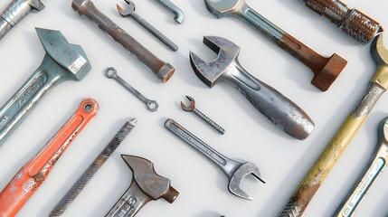 High-Detail 3D Rendered Tools: Industrial-Grade Hammer, Screwdriver, and Wrench on a White