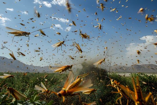 Swarm of Locusts Descending on Farmland Devouring Crops in Apocalyptic Scene