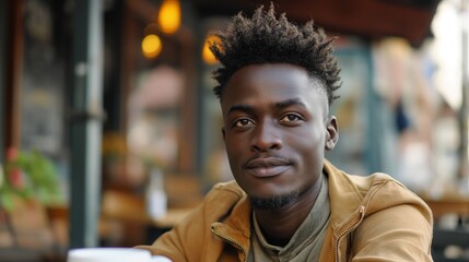 Portrait of a Senegalese Man in His Late 20s, Outdoor Coffee Shop Setting, Urban Lifestyle, Casual Fashion