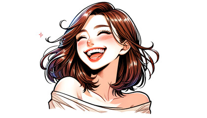 Japanese Woman Laughing Heartily with Medium-Length Hair