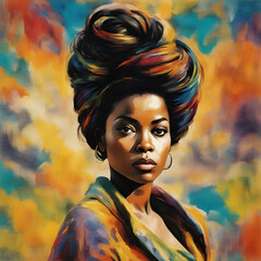 Naklejka premium A vibrant pop artwork of a black woman with a bold beehive haircut, showcasing 1960s fashion. Bright, contrasting colors highlight her beauty, capturing the energy and iconic style of the era. 