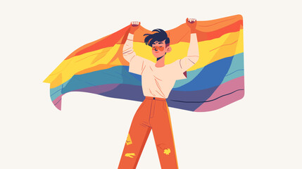A young non-binary person with short hair and casual clothing, joyfully holding a rainbow flag high above their head, standing confidently on a white background in a simple flat design vector