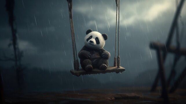 Cute baby panda on a swing. Created with Generative AI.	