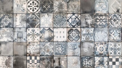 Old gray gray vintage worn geometric shabby mosaic ornate patchwork floral pattern tiles, square stone concrete cement tiles mirror wall texture background，"Elegant Vintage Mosaic Floral Pattern: Aged