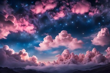 Enchanting dreamy cloudscape with vibrant pastel colors and glittering stars