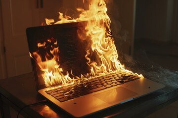 Image depicts a catastrophic laptop failure with the device on fire, suggesting data loss or hardware malfunction
