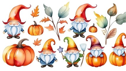Fototapeta premium Watercolor gnomes, pumpkins, autumn leaves on a white isolated background, Happy Halloween holiday, different Halloween elements on a white background.