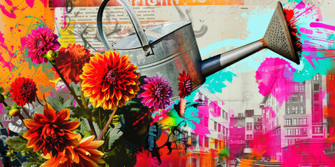 Vibrant Urban Floral Collage with Watering Can and Colorful Splash Grunge Art