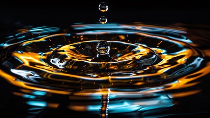 color photo of a breathtaking drop of water frozen in high-speed photography, showcasing an exquisite play of colors as it interacts with the surrounding light, 