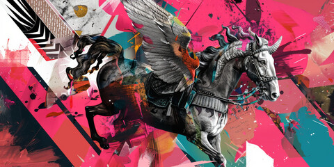 Colorful Abstract Pegasus Art with Dynamic Pink and Black Geometric Background