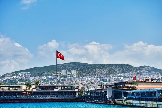 Landscape of Kusadasi with Turkish flag, Turkey, Europe
