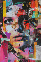 Vibrant Abstract Collage with Female Face Surrounded by Colorful Paper and Textures