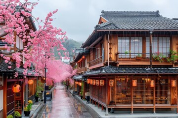 Obraz premium Charming Street Lined With Wooden Buildings Covered in Pink Flowers