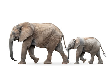 Obraz premium Mother and baby elephants walking isolated on white background