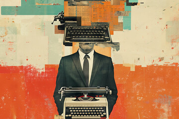 Surreal Businessman with Typewriter Head   Abstract Retro Collage Art